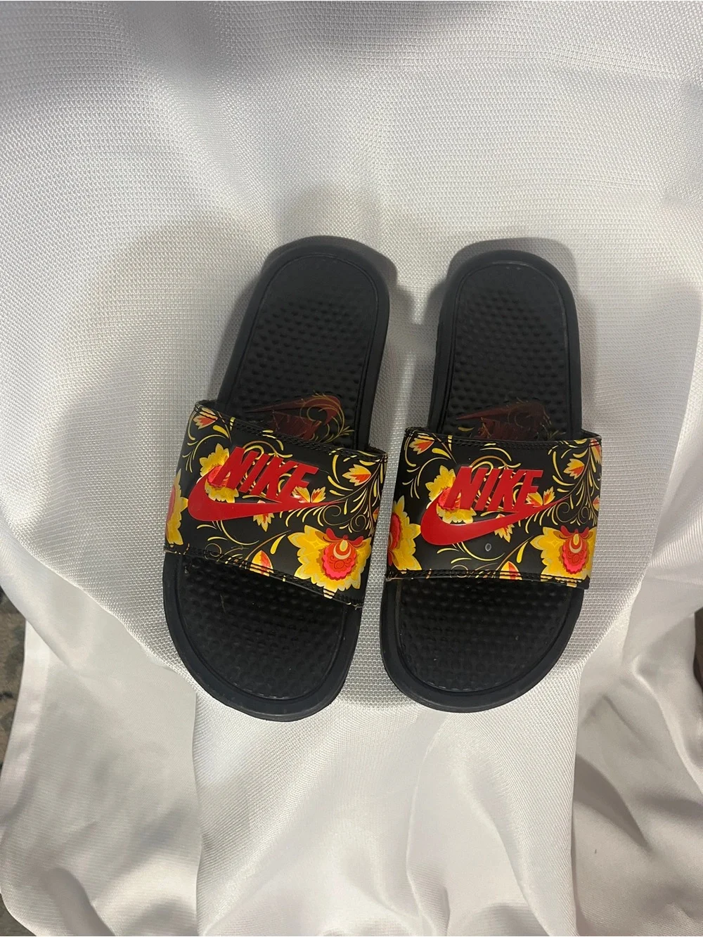Nike Black Slides with Red Logo and Yellow Floral Strap